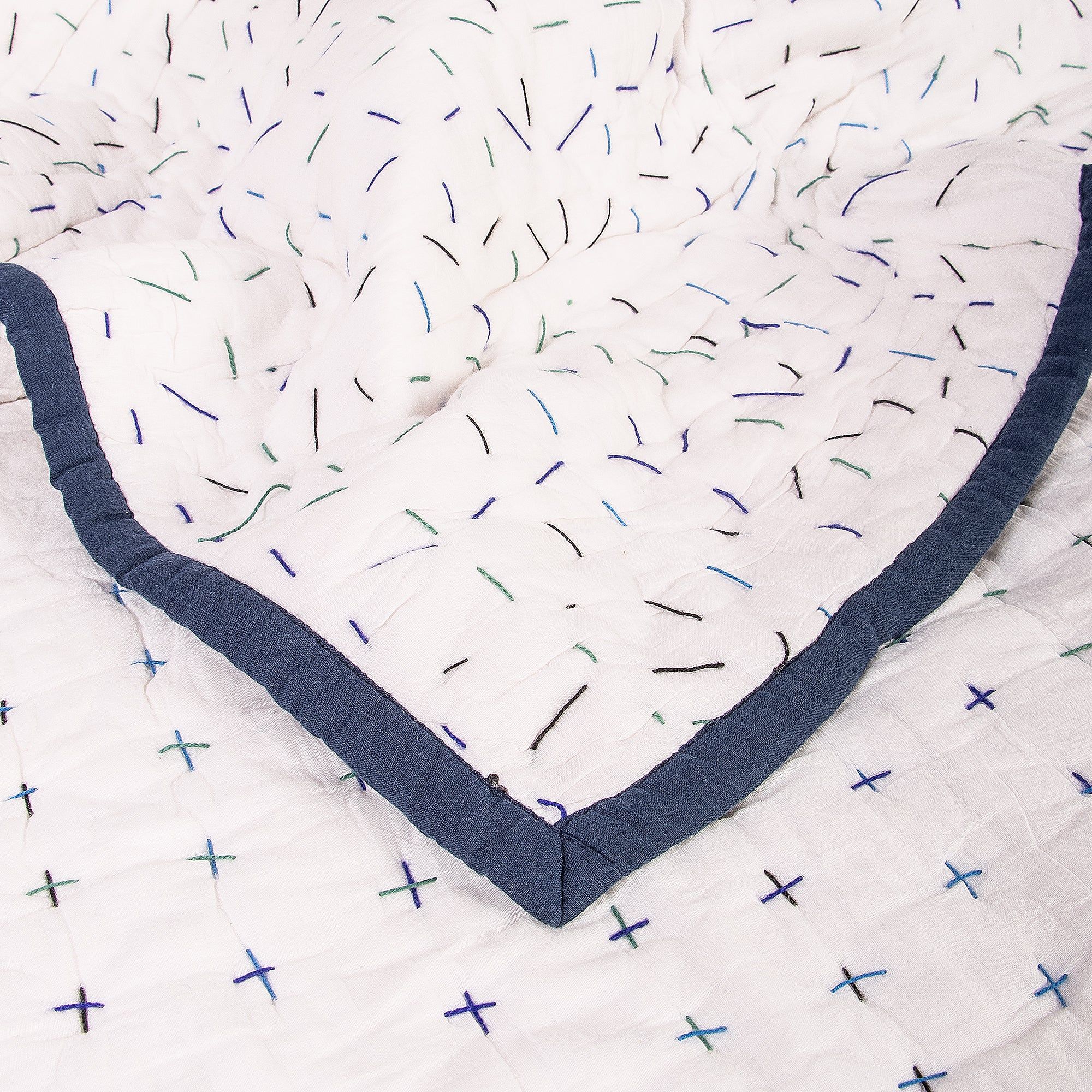 luxury Handmade Blue Stripes Print Cotton Kantha Soft Quilt Blanket